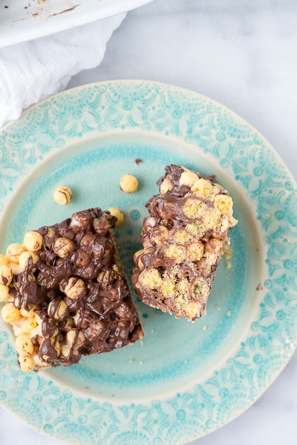 No Bake Peanut Butter Chocolate Cereal Bars side and top view