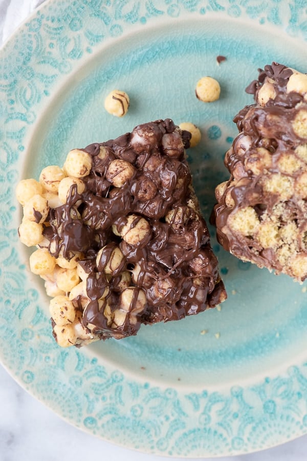 No Bake Peanut Butter Chocolate Cereal Bars on a blue plate