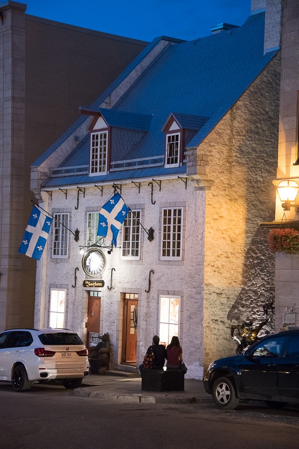 Quebec City, Upper City White and Blue Stone Building at Dusk 