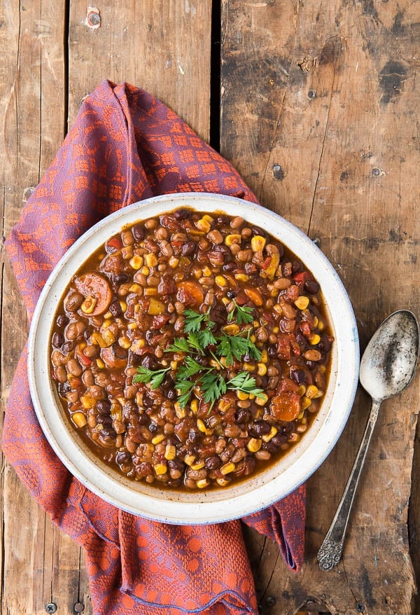 Large white bowl of Vegetarian Chili with spoon