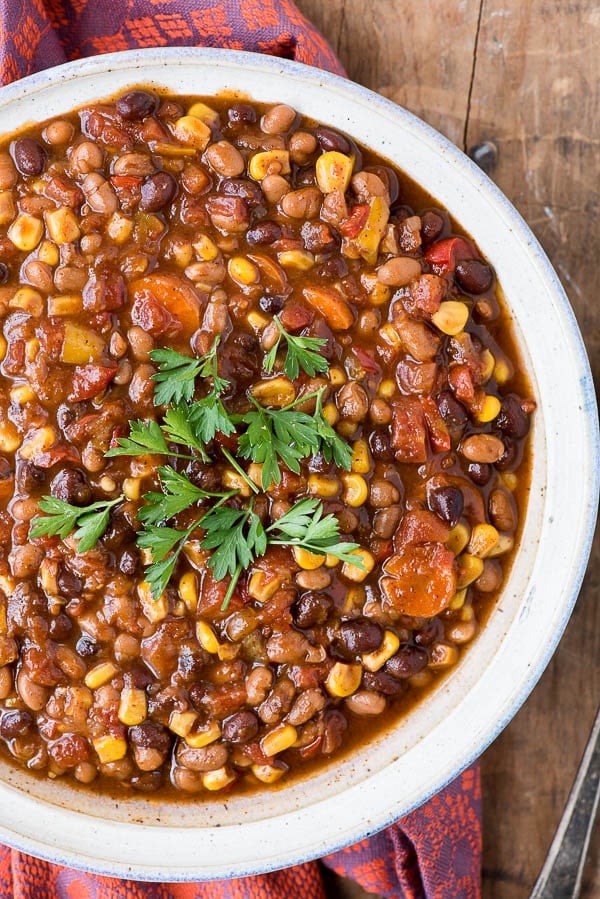 Slow cooker Vegetarian Chili in a white bowl