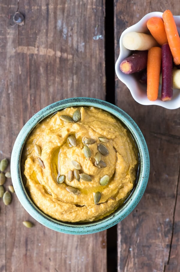 Spicy Chipotle Pumpkin Hummus with carrots and crackers
