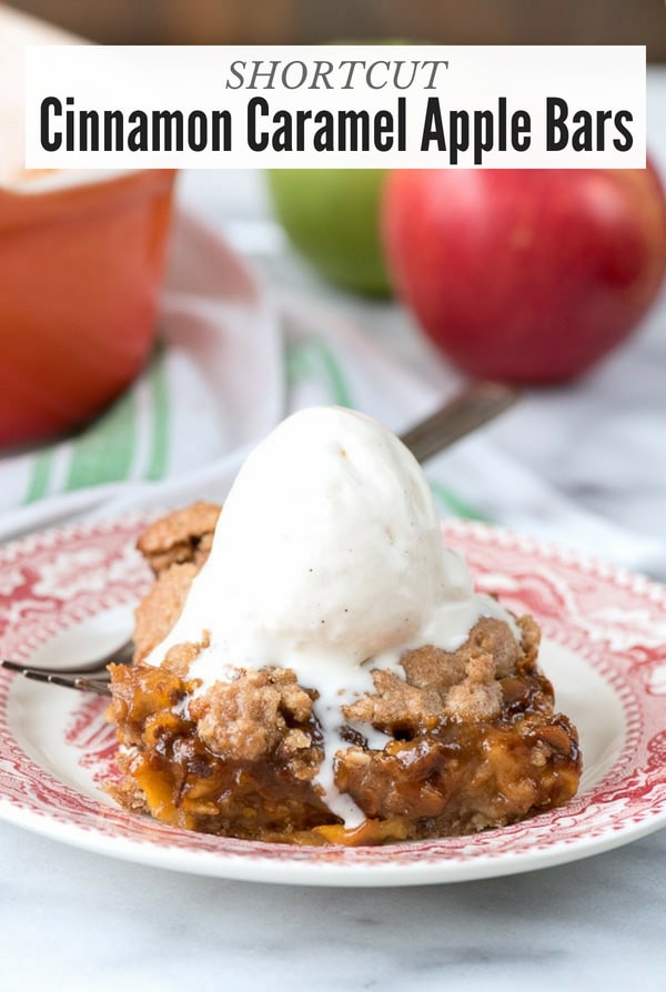 Shortcut Cinnamon Caramel Apple Bars with a scoop of vanilla ice cream