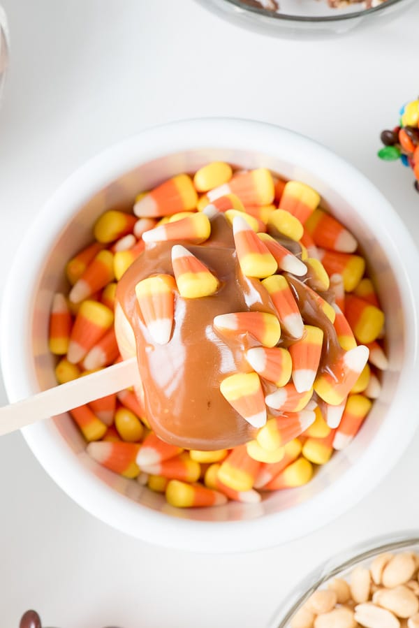 Candy Coated Caramel Apple with Candy Corn 