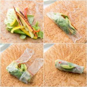 how to fold rice paper wrappers over filling to make spring rolls (photo collage)