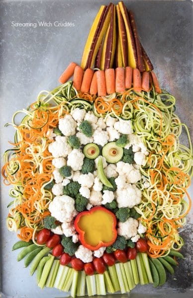 Screaming Witch Crudites Vegetable Platter with Spiralizer Hair for Halloween