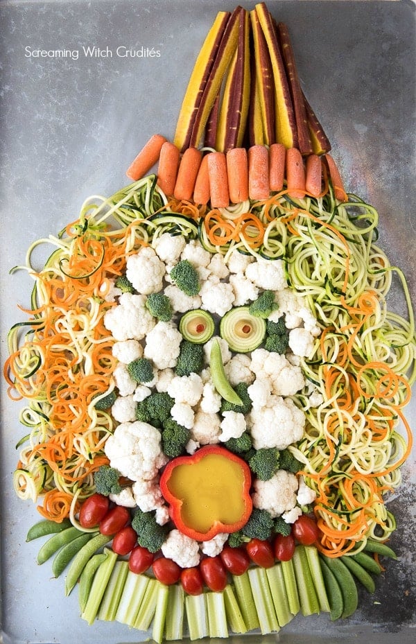 Screaming Witch Crudites Vegetable Platter with Spiralizer Hair for Halloween 