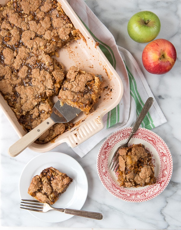 Shortcut Cinnamon Caramel Apple Bars - 2 servings on plates 