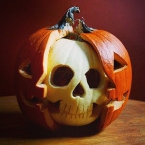 White Skull inside Carved Pumpkin 