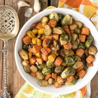 Herb Roasted Garlic Brussels Sprouts Sweet Potatoes and Carrots