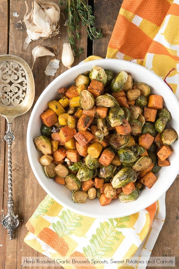 Herb Roasted Garlic Brussels Sprouts Sweet Potatoes and Carrots 