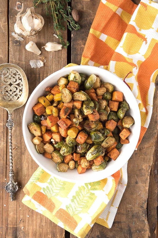 Herb Roasted Garlic Brussels Sprouts Sweet Potatoes and Carrots from overhead