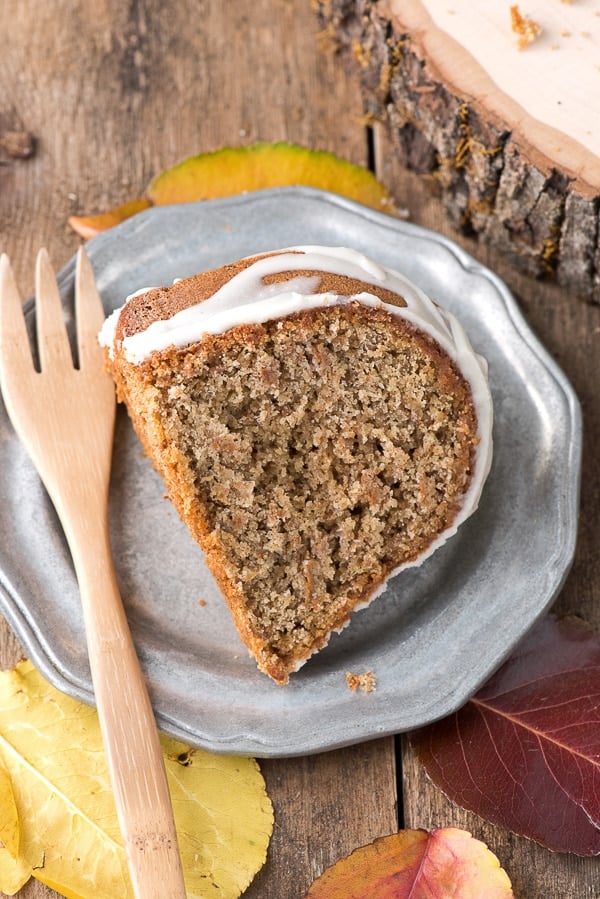 Persimmon Winter Bundt Cake with Hard Sauce Glaze slice on plate