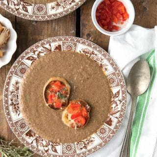 Rustic Wild Mushroom Soup with Parmesan Crostini in a bowl