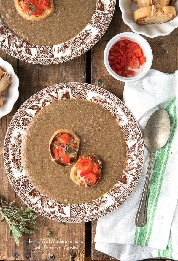 Rustic Wild Mushroom Soup with Parmesan Crostini in a bowl