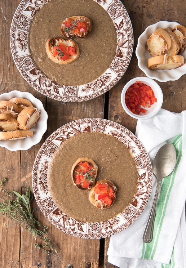 Rustic Wild Mushroom Soup with Parmesan Crostini 