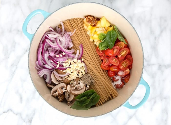 ingredients for one pot pasta in dutch oven