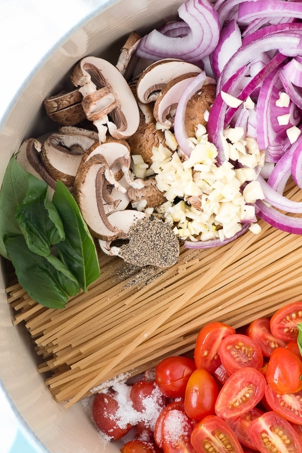 One Pot tomato Mushroom Basil Pasta ingredients