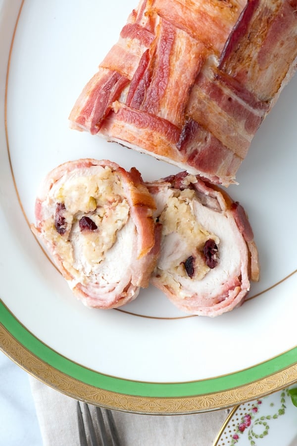 Turkey Roulade with Apple-Cranberry Stuffing and Bacon Weave