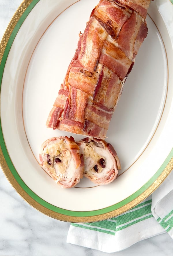 Turkey Roulade with Apple-Cranberry Stuffing and Bacon Weave