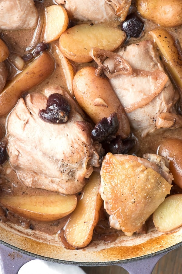 Braised Cream Sherry Chicken Thighs with Cherries and Fingerling Potatoes close up