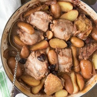 Braised Cream Sherry Chicken Thighs with Cherries and Fingerling Potatoes.