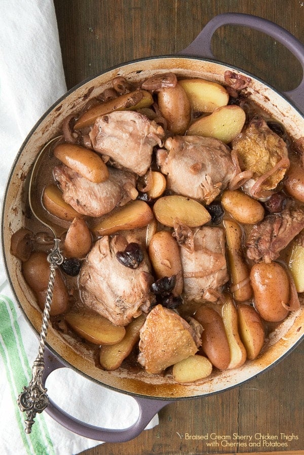 Braised Cream Sherry Chicken Thighs with Cherries and Fingerling Potatoes. 