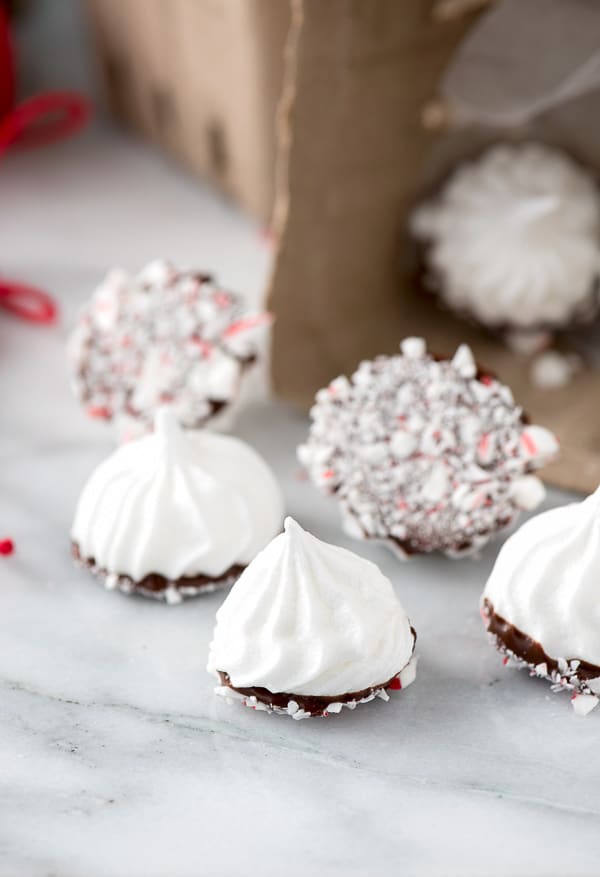 Meringue Cookies Dipped in Chocolate and Peppermint