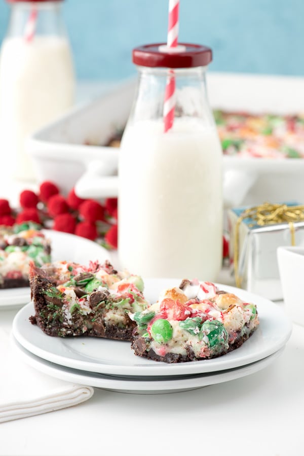 Holiday Chocolate Peppermint Magic Bars with bottle of milk