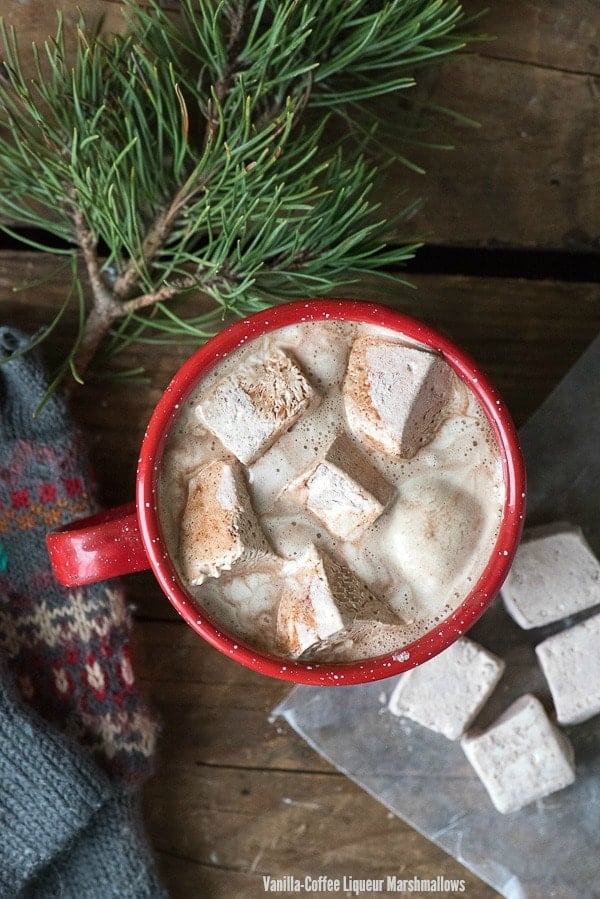 Homemade Vanilla-Coffee Liqueur Marshmallows in cup of covoa