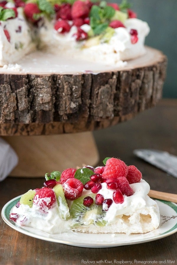 Pavlova with Kiwi, Raspberry, Pomegranate and Mint 