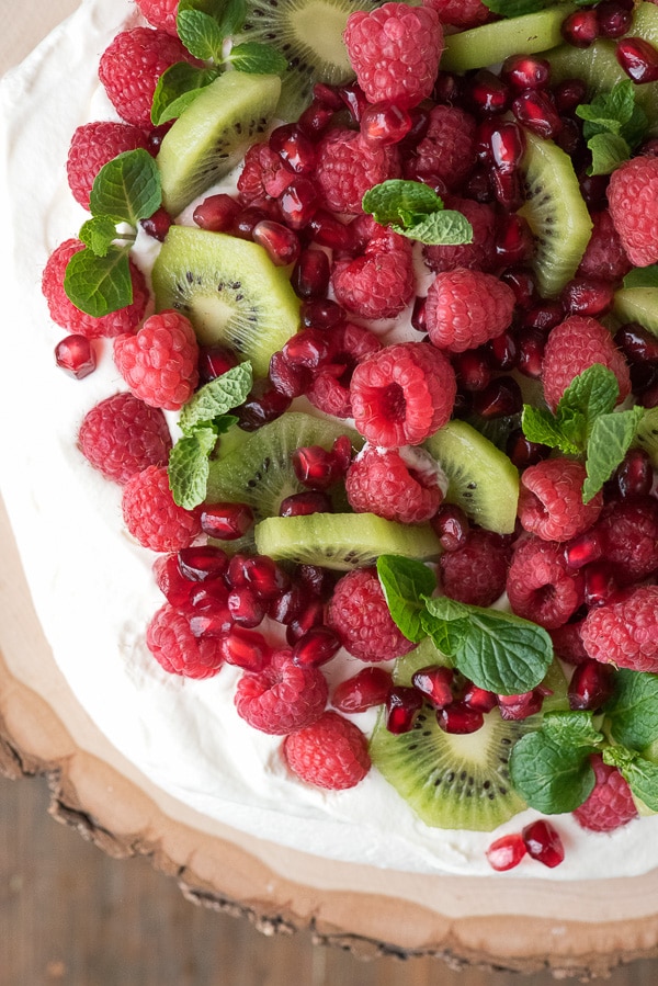 Pavlova with Kiwi, Raspberry, Pomegranate and Mint