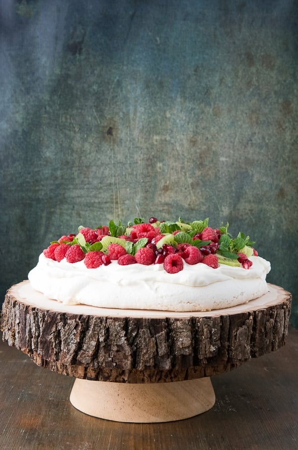 pavlova with Kiwi, Raspberry, Pomegranate and Mint 