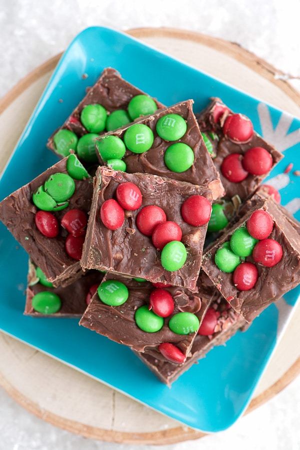 Snow Day Chocolate-Toffee Holiday Fudge. Creamy chocolate, toffee bits and M&Ms