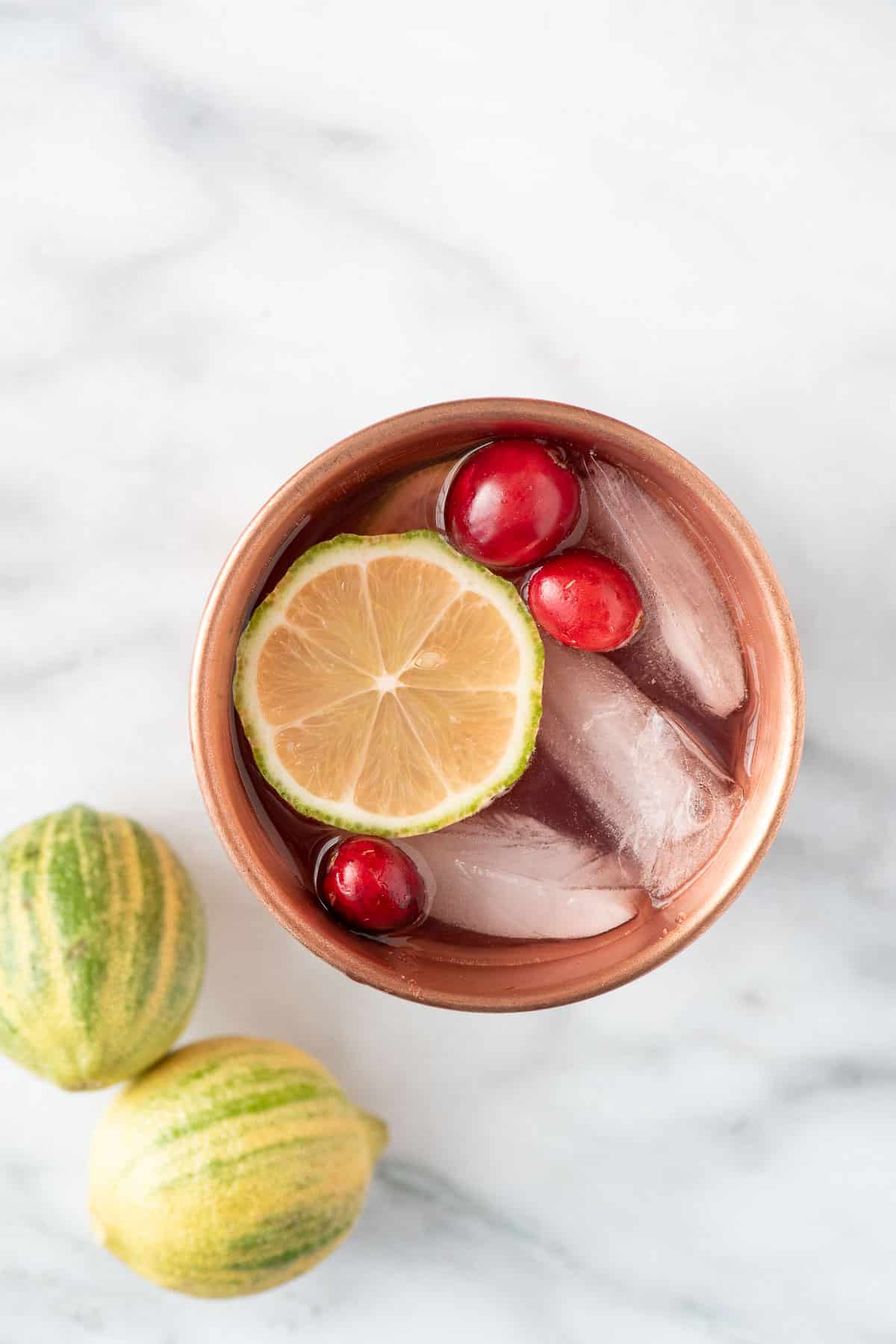 overhead view of cranberry moscow mule from above