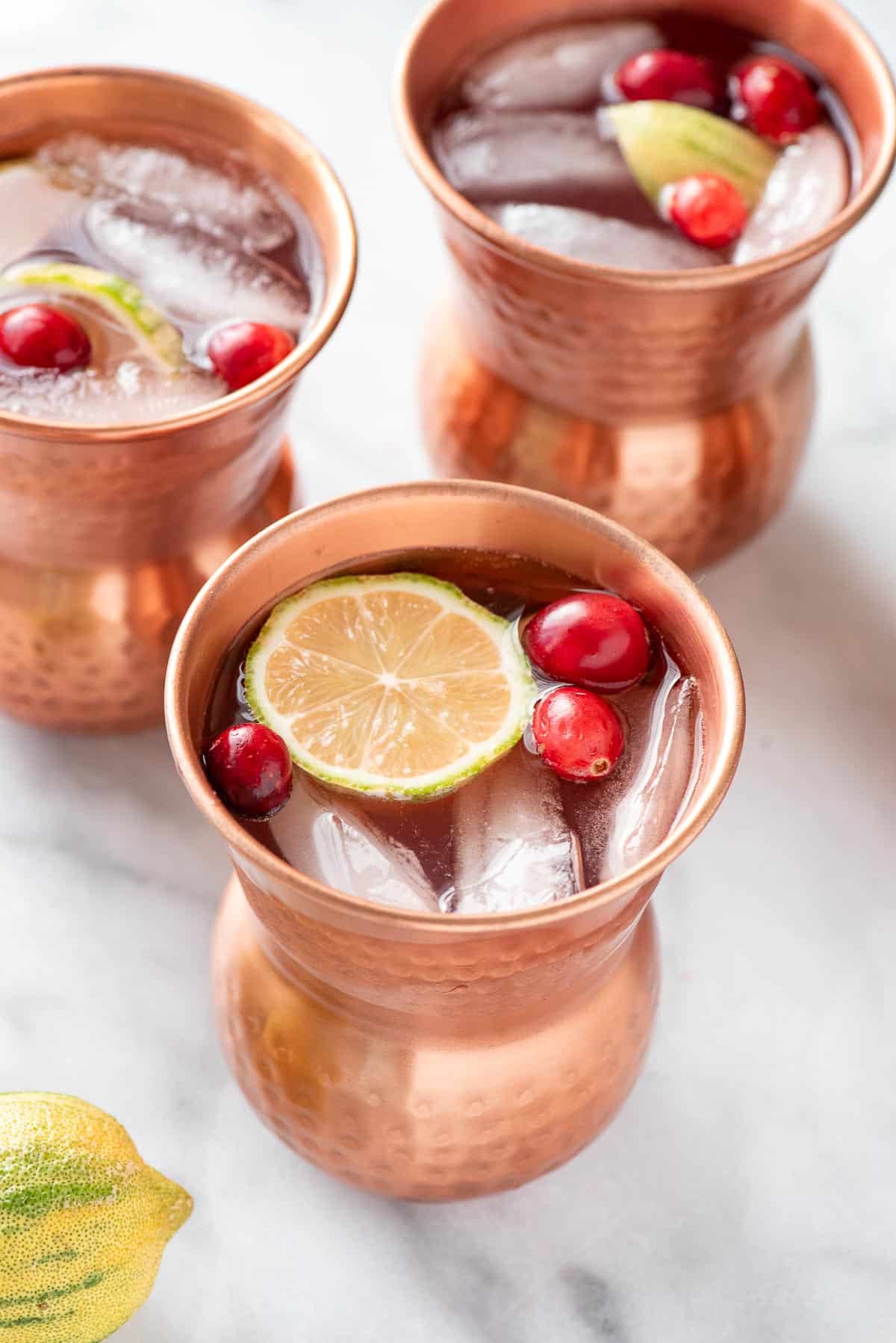 overhead view of cranberry moscow mules