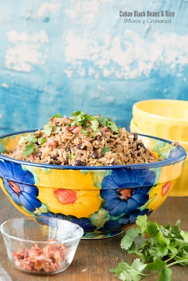 titled image - colorful bowl of Cuban Black Beans and Rice (Moros y Cristianos).