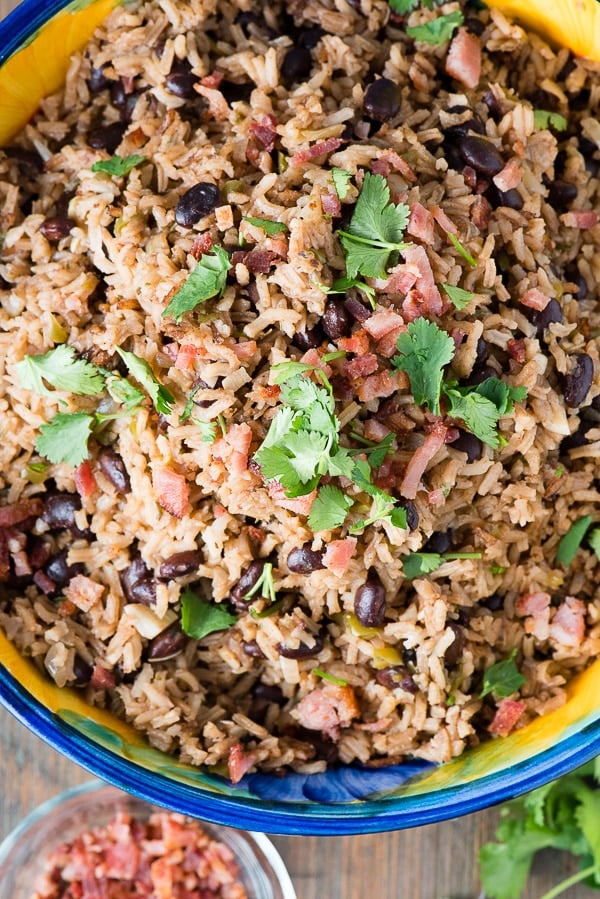 top down view looking into a bowl of Cuban Black Beans and Rice (Moros y Cristianos).