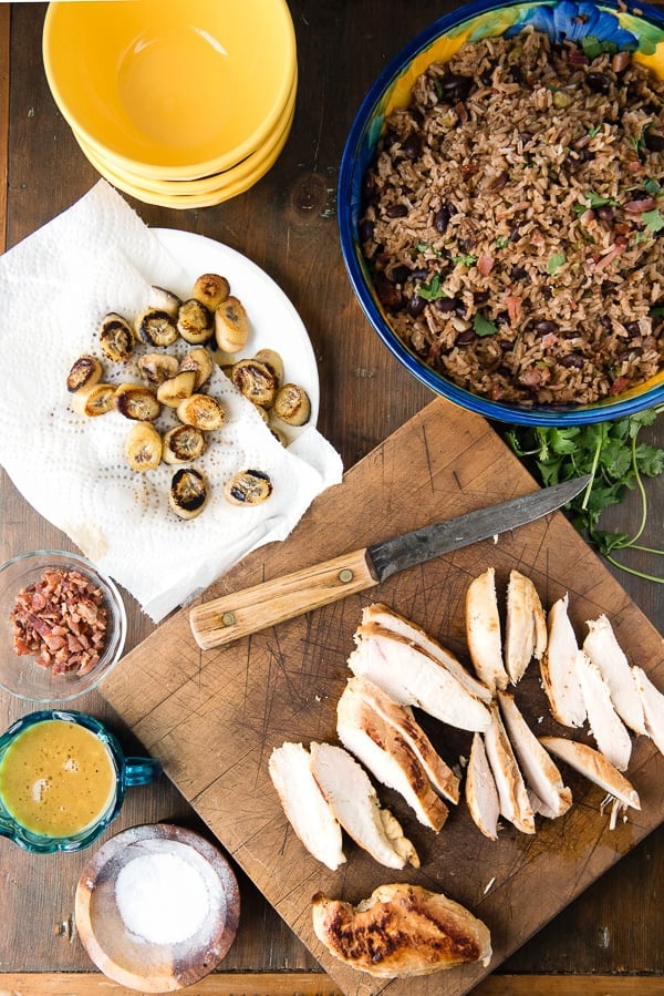 Cuban Garlic Chicken Bowls with Cuban Black Beans & Rice, Fried Plantains Mojo Sauce 