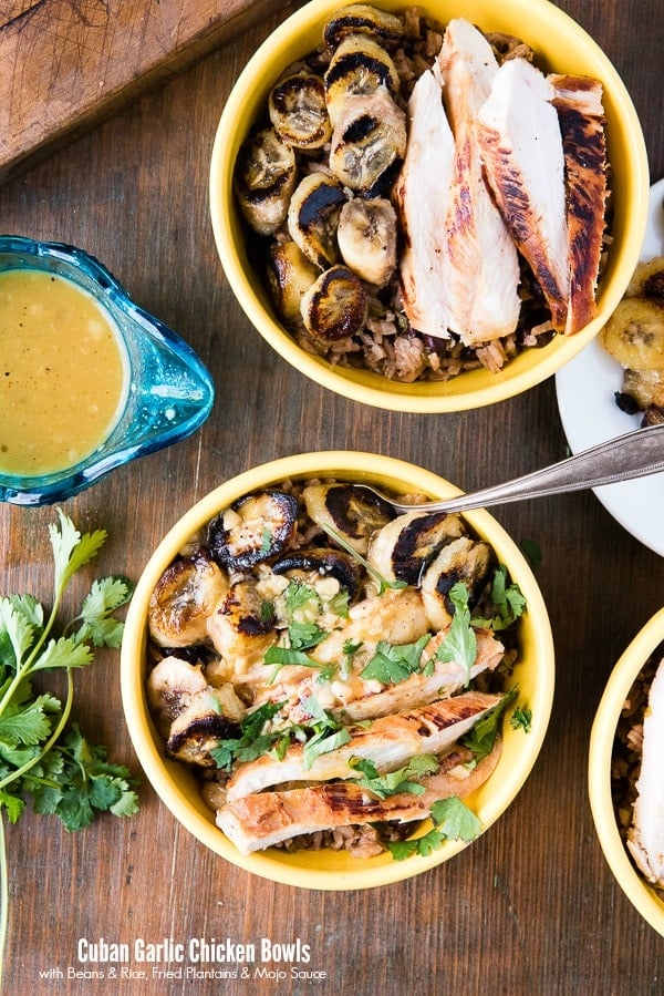 2 Cuban Garlic Chicken Bowls with Cuban Black Beans &amp; Rice, Fried Plantains &amp; Mojo Sauce