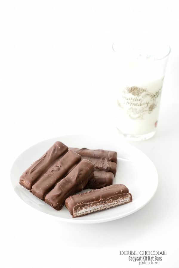 a white platter of homemade Kit Kat bars