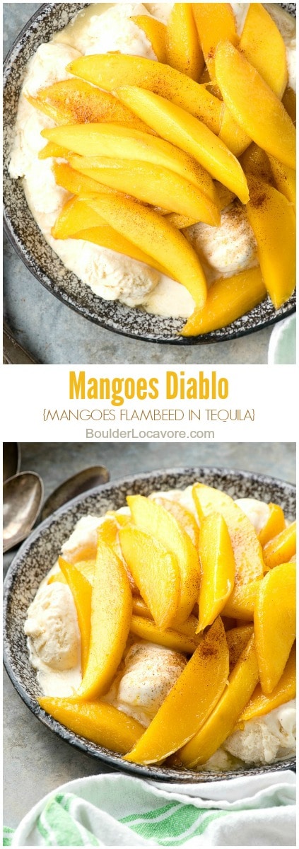 photo collage of Mangoes Diablo {mangoes flambeed in tequila} dessert over Vanilla Ice Cream