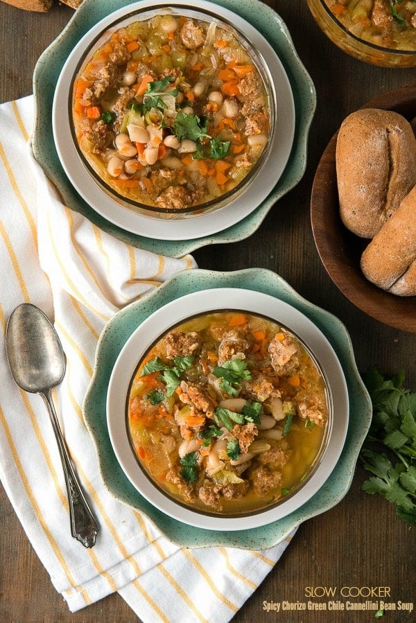 bowls of Slow Cooker Spicy Chorizo Green Chile Cannellini Bean Soup