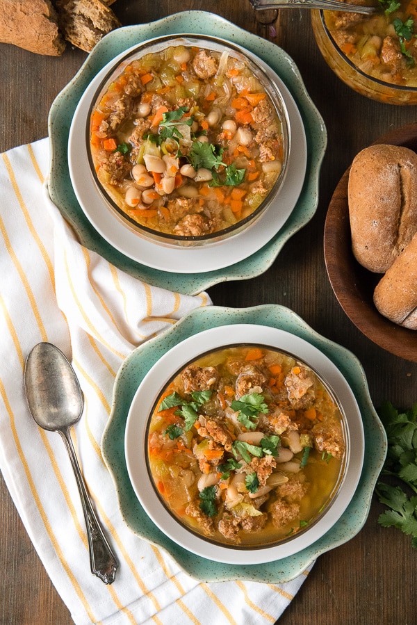 2 bowls of Slow Cooker Spicy Chorizo Green Chile Cannellini Bean Soup