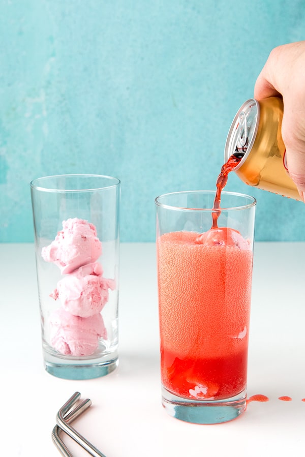 Making 2 tall glasses of Strawberries and Cream Ice Cream Floats