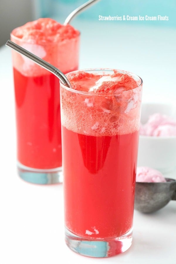 titled photo - Strawberries and Cream Ice Cream Floats in tall glasses