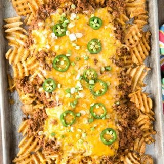 sheet pan of Texas-Inspired Chili Cheese Fries.