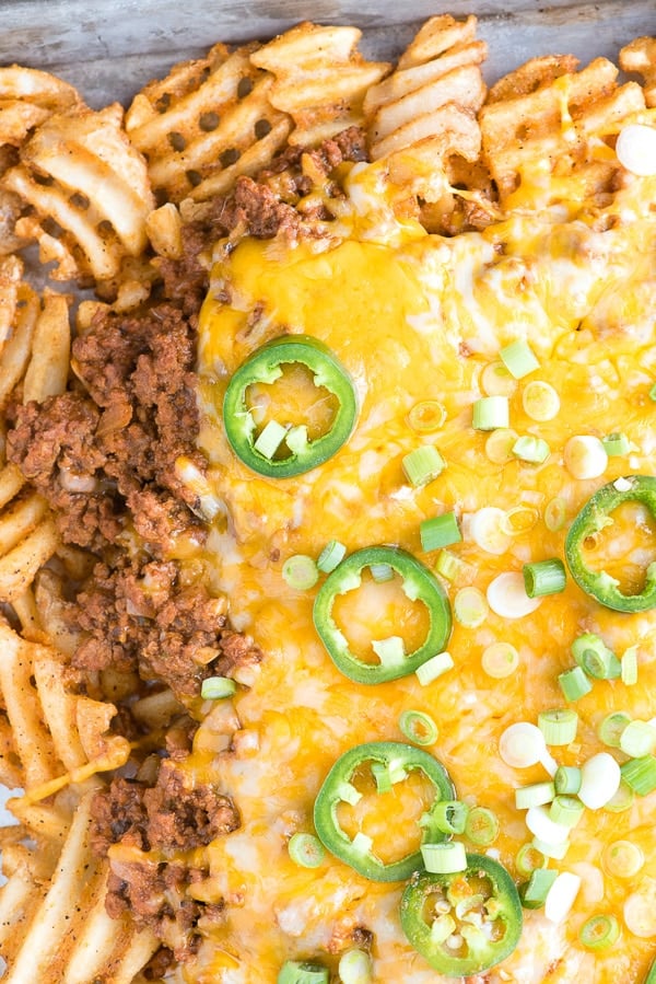 Chili Cheese Waffle Fries with jalapeno slices