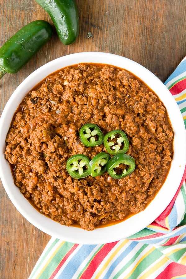 Homemade Chili with jalapeno slices