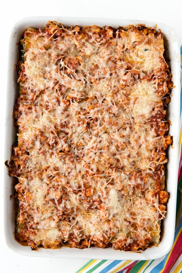 white casserole dish with Gluten-Free Meat Lasagna Roll Ups baked casserole style